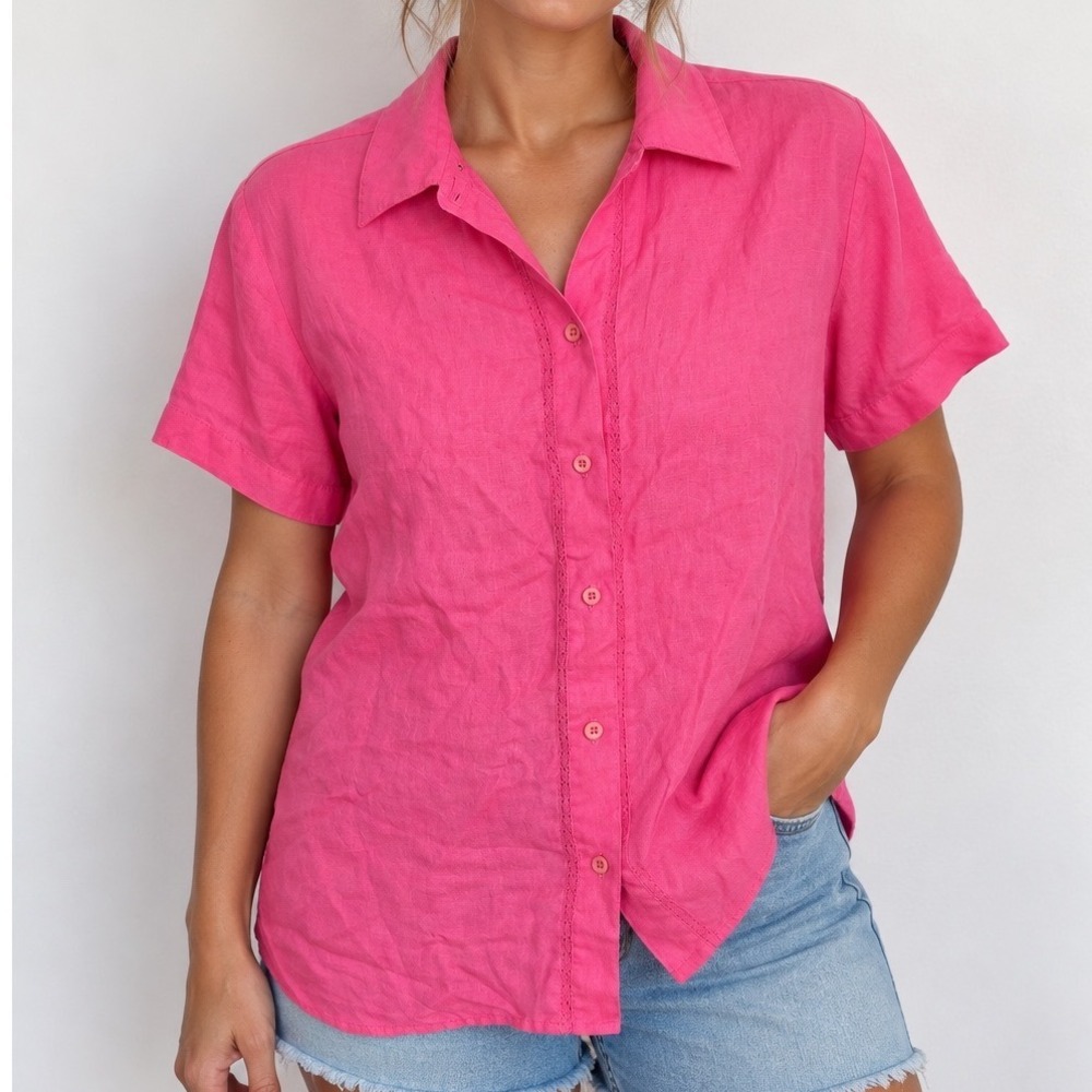 Liz Claiborne Lizsport Pink Linen Button Front Shirt Women's Small Coastal
